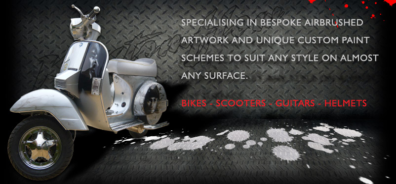 Specialising in bespoke airbrushed artwork and unique custom paint schemes to suit any style on almost any surface. Bikes - Scooters - Guitars - Helmets
